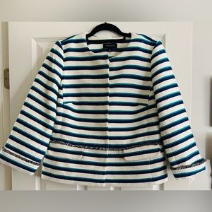 Talbots Women Blazer Size 10 Cropped White, Blue, Teal Stripped 3/4 Sleeve
